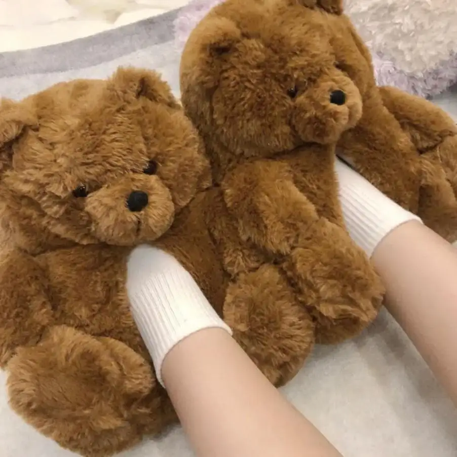 Kids Girl Boy Home Indoor Soft Anti Slip Faux Fur Winter Warm Shoes Cartoon Teddy Bear Plush Slippers