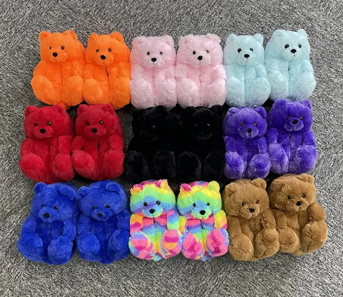 Kids Girl Boy Home Indoor Soft Anti Slip Faux Fur Winter Warm Shoes Cartoon Teddy Bear Plush Slippers