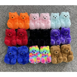 High Quality All Color Indoor Slippers Shoe Warm Kids Plush Big Fluffy Fur Teddy Bear Slippers for Women Girls