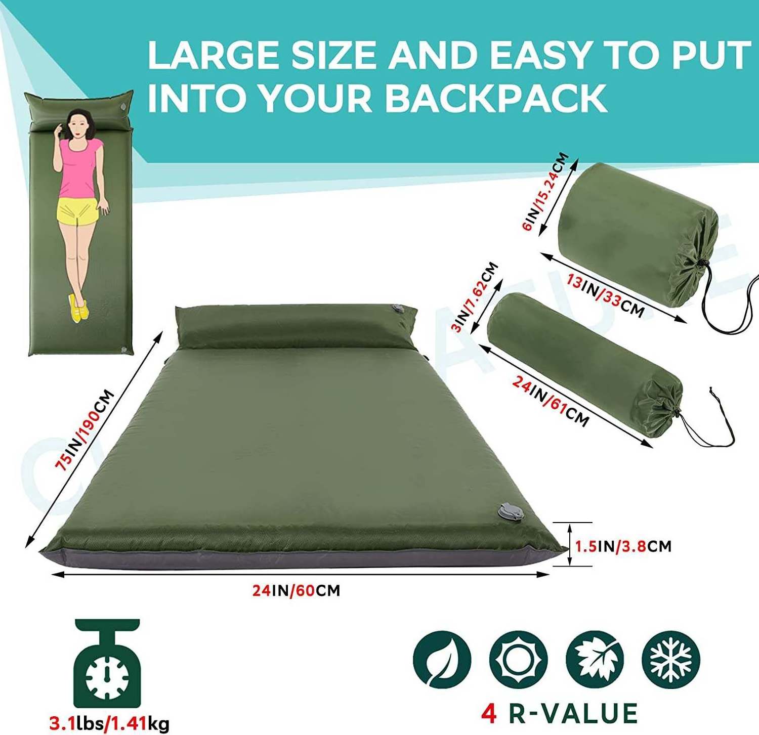 Lightweight Inflatable Camping Mattress Pad with Pillow 1.5/2/3 inch , Insulated Foam Sleeping Mat for Backpacking, Tent,