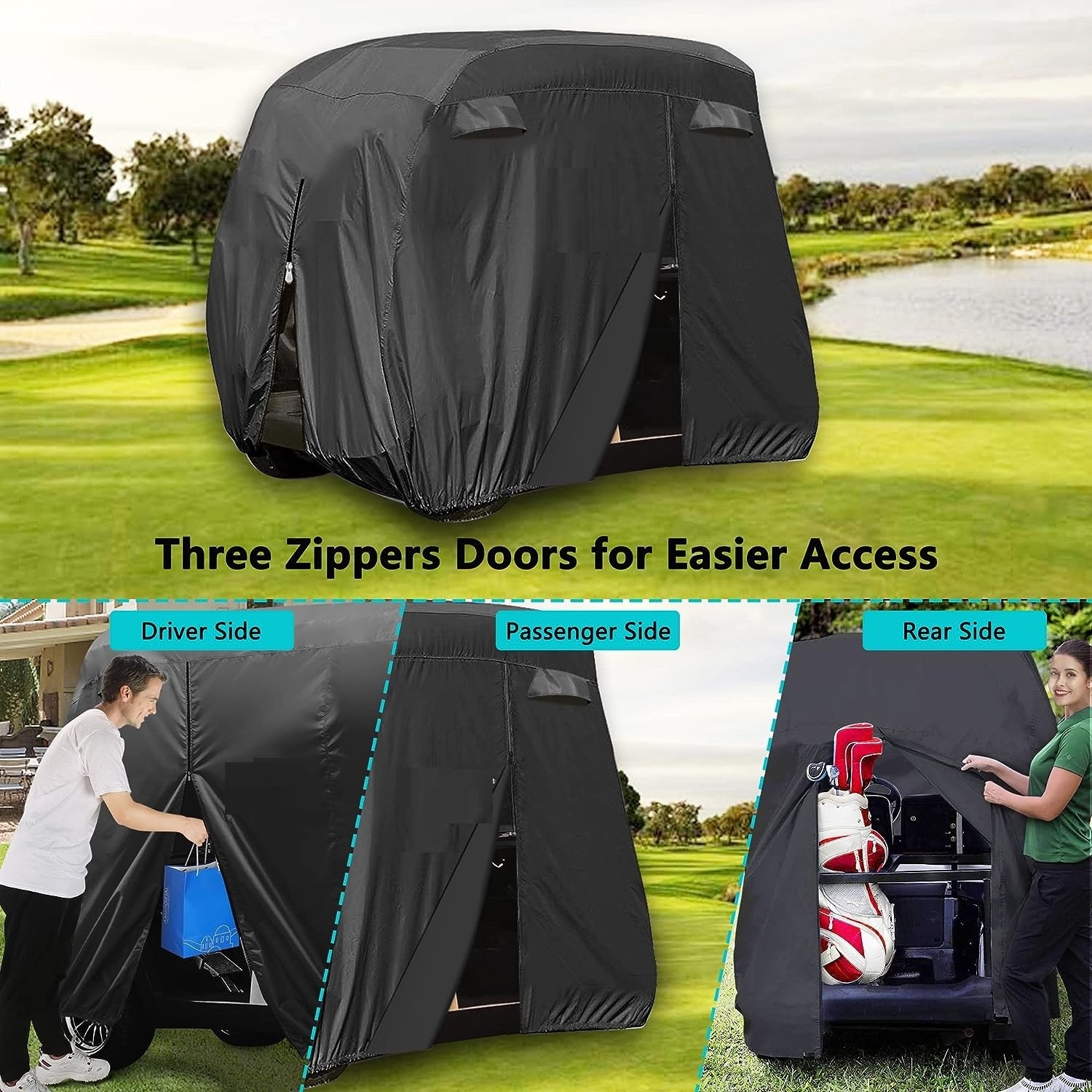 4 Passenger 420D Waterproof Outdoor All-Weather Golf Cart Cover Polyester Full Cover with Three Zipper Doors