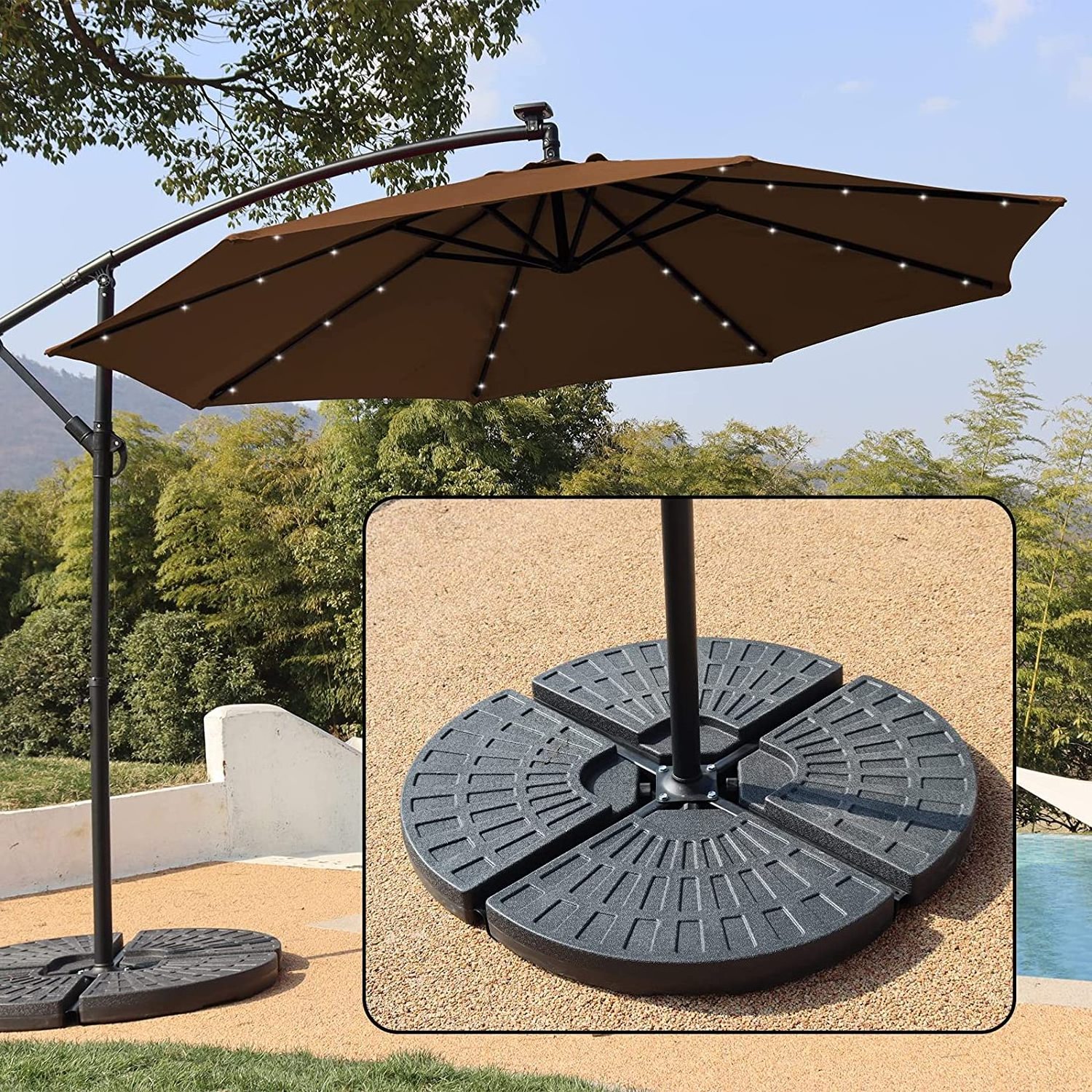 Dandelion Solar Offset Umbrella, 10ft Cantilever Hanging Brown Garden Beach Restaurant Umbrella with Umbrella Base Weight