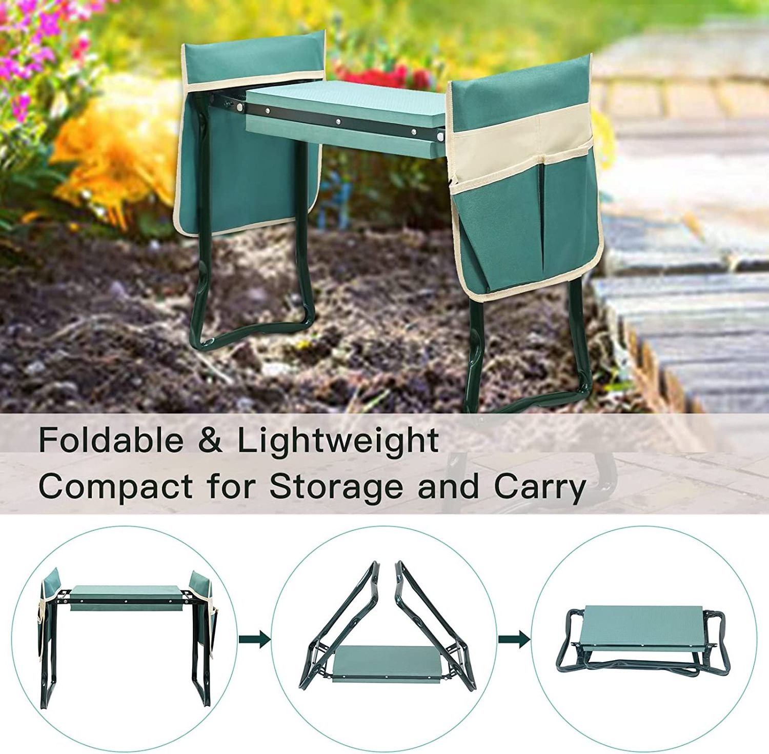 Garden Kneeler and Seat with Tool Pouch, Portable Folding Garden Stool, Heavy Duty Gardening Kneeling Bench