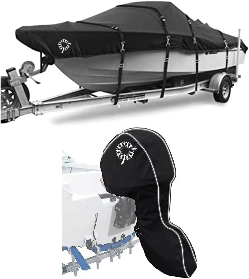 600D Marine Waterproof Black Full Outboard Motor Cover and Boat Cover Set