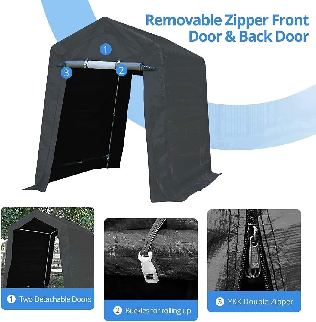 Waterproof 6x8 ft Outdoor Storage Shelter Shed with 2 Roll up Zipper Doors, Carport for Motorcycle, Portable Garage Kit T