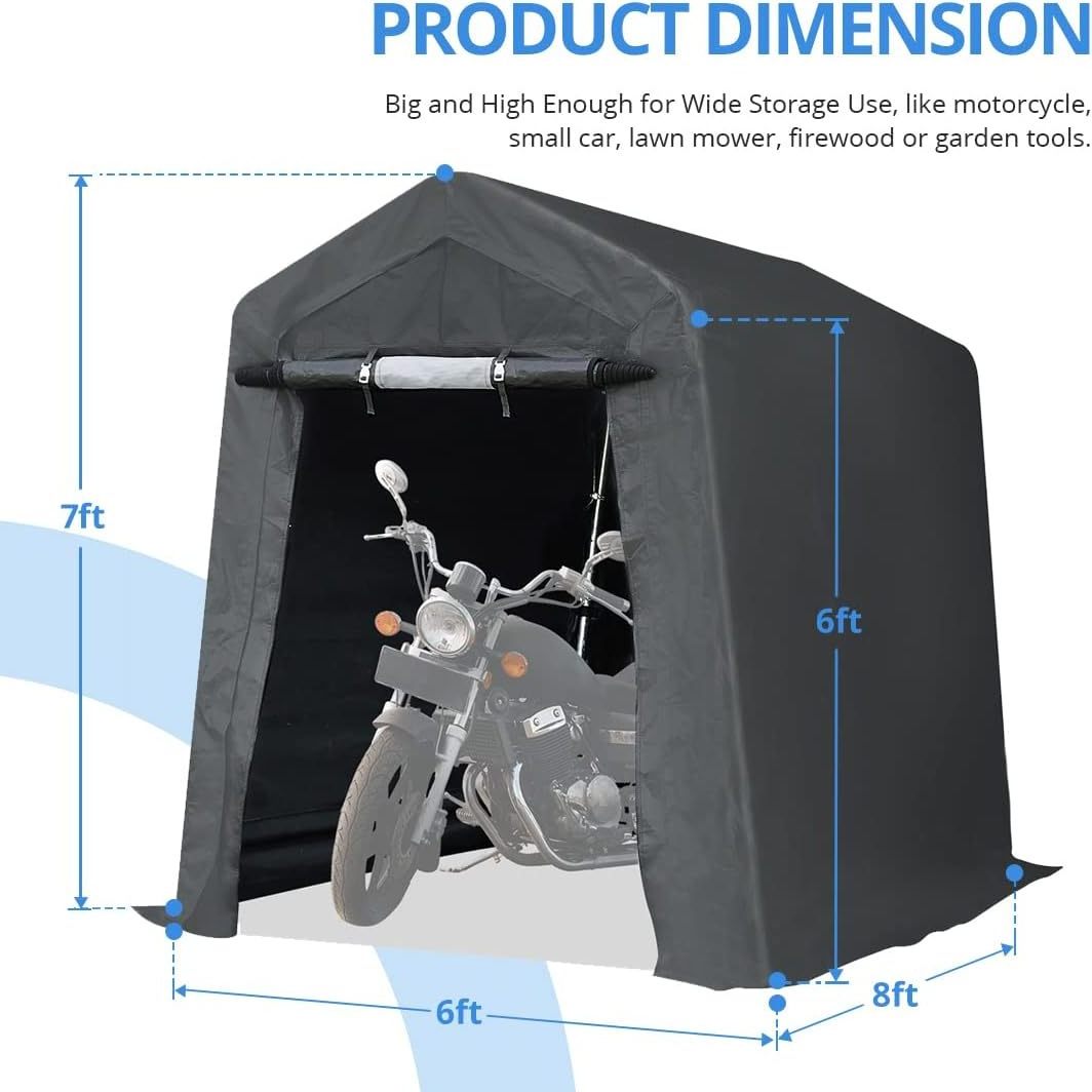 Waterproof 6x8 ft Outdoor Storage Shelter Shed with 2 Roll up Zipper Doors, Carport for Motorcycle, Portable Garage Kit T