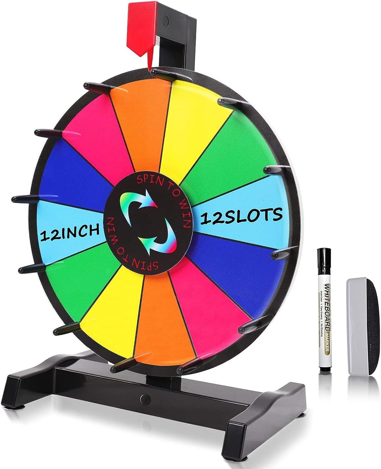 Spinning Prize Wheel 12 Inch Tabletop Spin Wheel for Prizes with Stand, 12 Color Slots, Erasable Surface for Trade Show