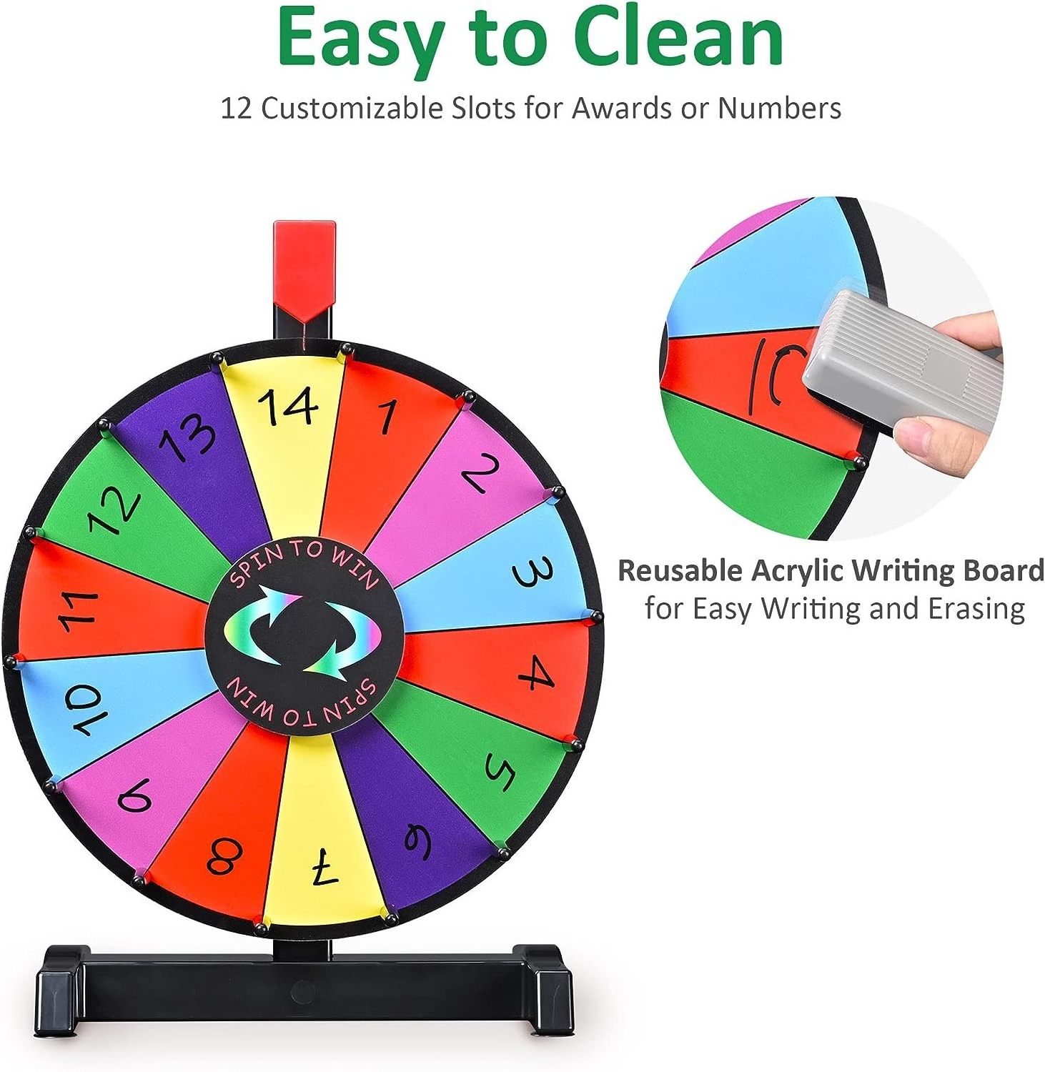 Spinning Prize Wheel 12 Inch Tabletop Spin Wheel for Prizes with Stand, 12 Color Slots, Erasable Surface for Trade Show