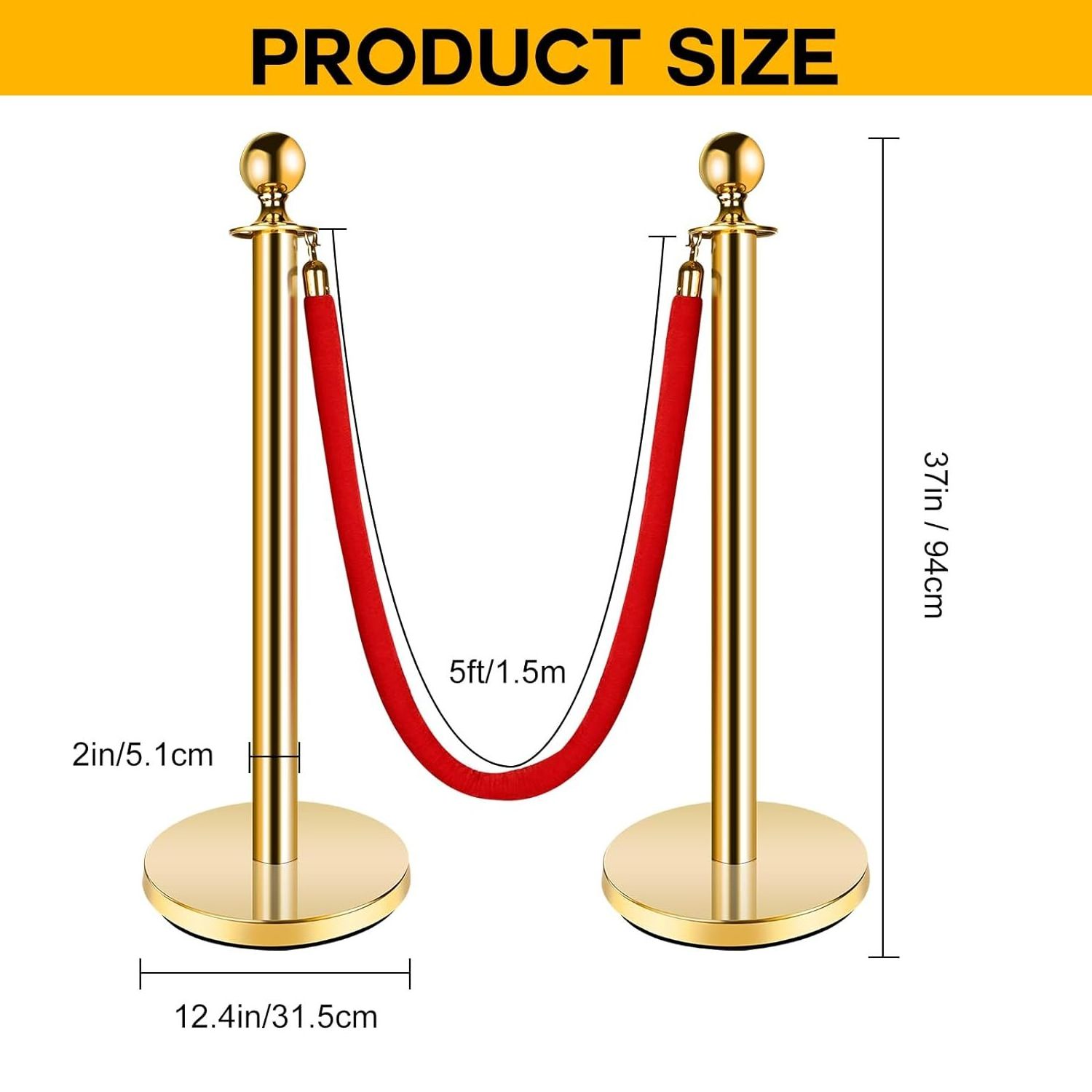 Stainless Steel Stanchion Post  Red Carpet Ropes and Poles  Gold Stanchions with Red Rope Safety Barriers Set,