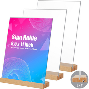 Acrylic Sign Holder L/T Shape Wood Base Double Sided Clear Display Stand with Two Slots Wood Base for Menu Stand, Wedding