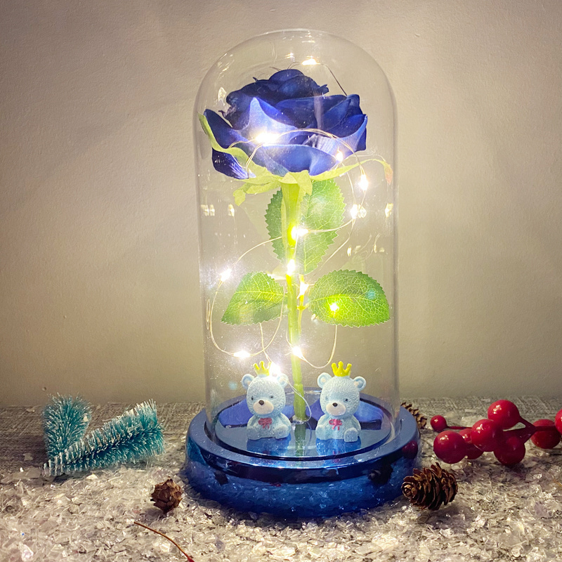 Rose flower with bear in a clear glass display dome on Led Wooden Base For Valentine's Day