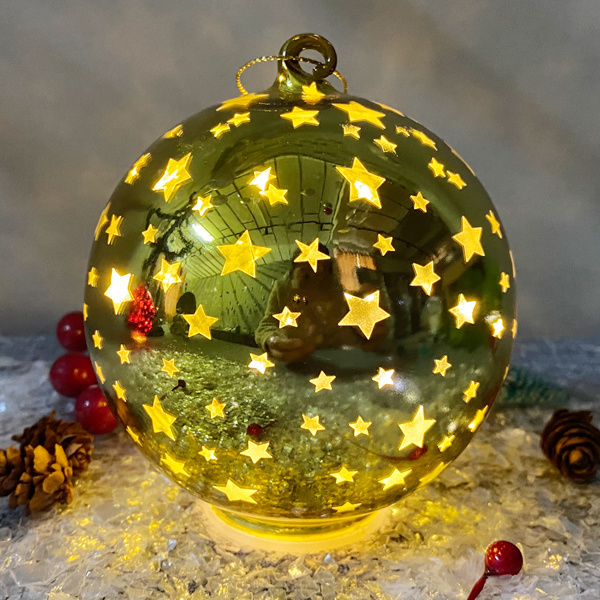 Wholesale Led shiny blue lighted glass Christmas ball painted small star holiday decoration