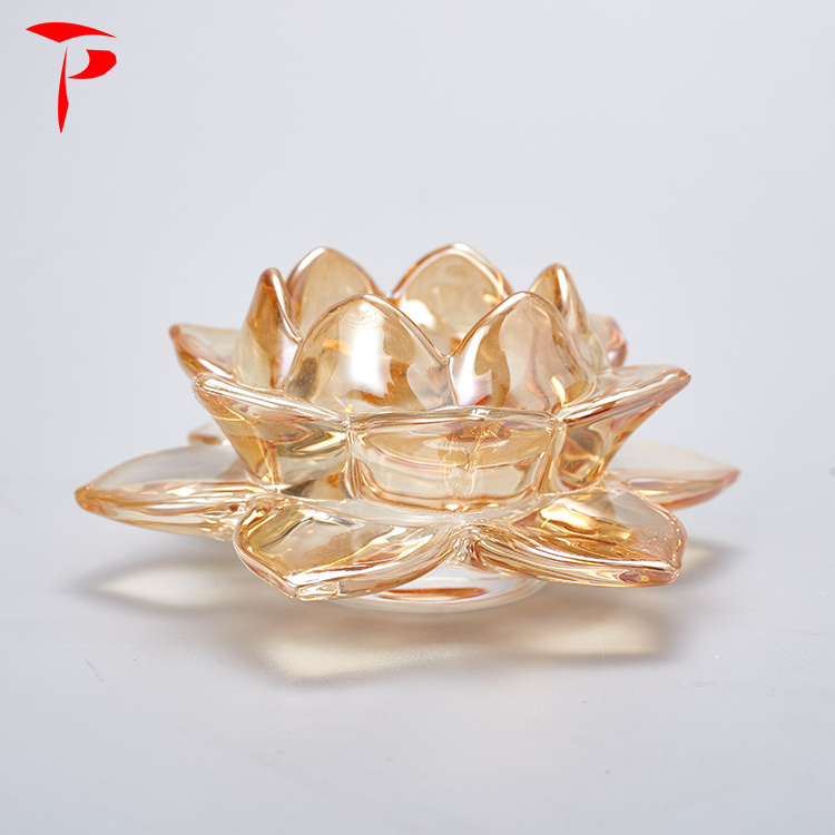 Amber Crystal Glass Lotus Tea Light Candle Holder for Wedding Decoration