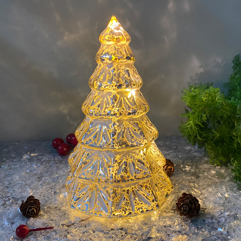 Lighted Mercury Glass Christmas ball mirror surface reflects tiny pinpoints of light like a starry sky decoration