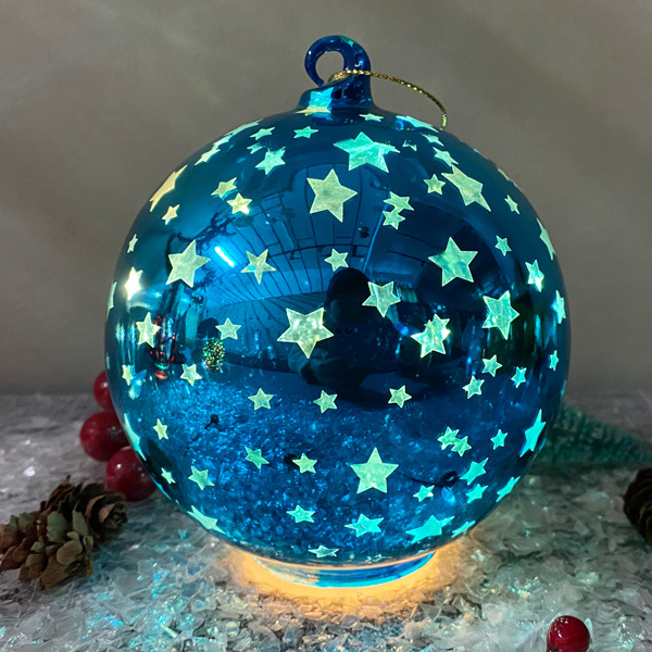 Wholesale Led shiny blue lighted glass Christmas ball painted small star holiday decoration