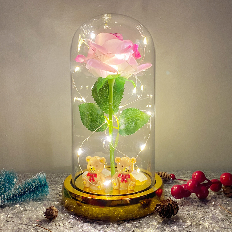 Rose flower with bear in a clear glass display dome on Led Wooden Base For Valentine's Day