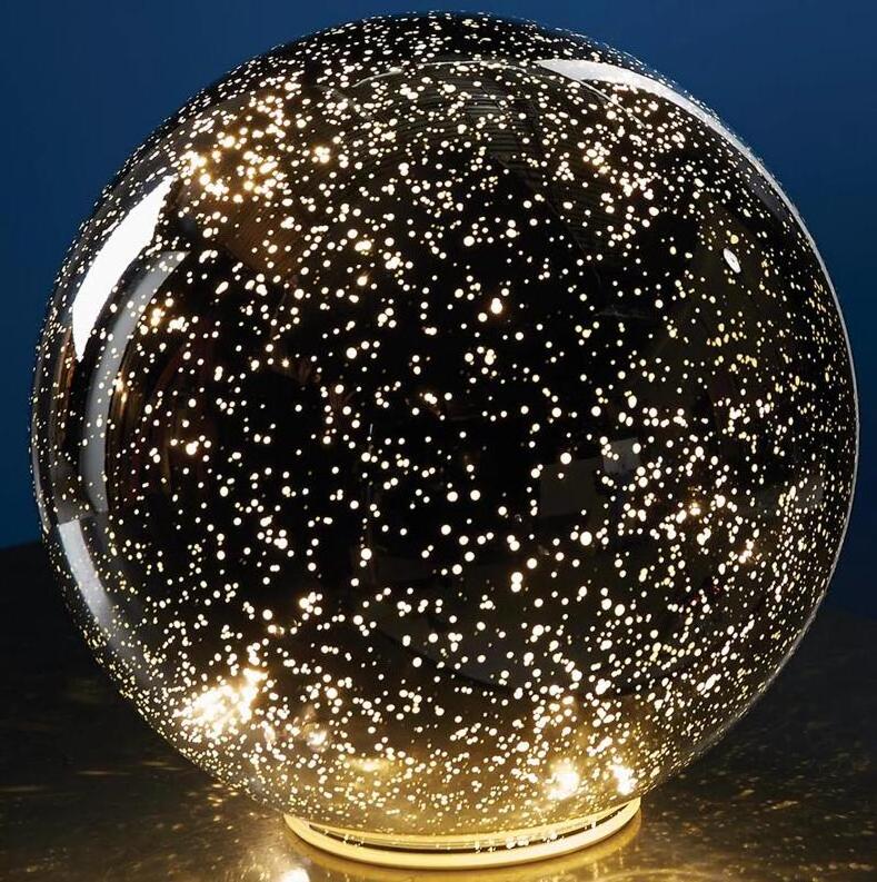 Lighted Mercury Glass Christmas ball mirror surface reflects tiny pinpoints of light like a starry sky decoration