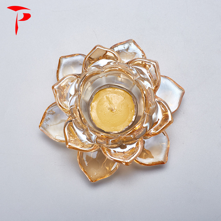 Amber Crystal Glass Lotus Tea Light Candle Holder for Wedding Decoration