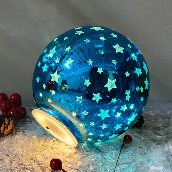 Wholesale Led shiny blue lighted glass Christmas ball painted small star holiday decoration