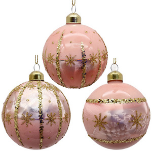 pink  glitter Customized Pattern Bulk Baubles Items Christmas Decoration Gifts Glass Ball Ornaments