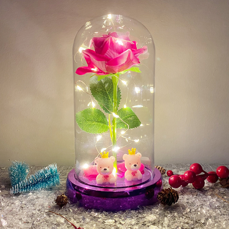 Rose flower with bear in a clear glass display dome on Led Wooden Base For Valentine's Day