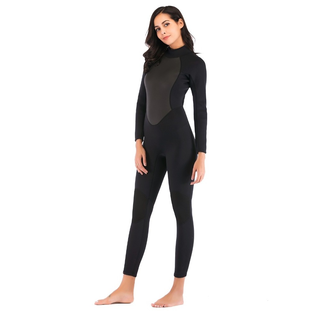 Womens Wetsuit Full 3mm Neoprene Surfing Scuba Diving Snorkeling Swimming Suit Solid Black/Grey Long Sleeve Wet Suit Back Zipper