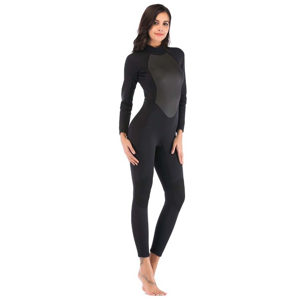 Womens Wetsuit Full 3mm Neoprene Surfing Scuba Diving Snorkeling Swimming Suit Solid Black/Grey Long Sleeve Wet Suit Back Zipper