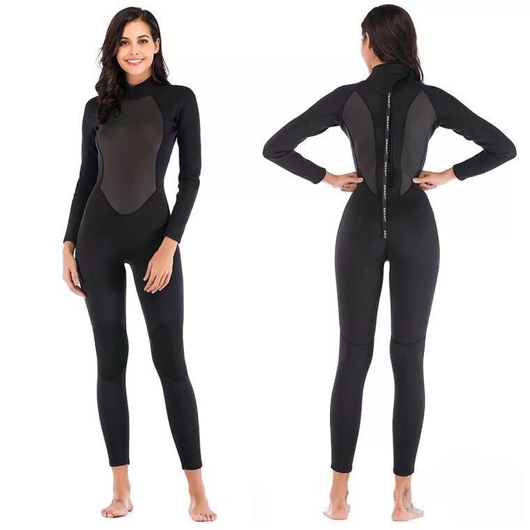 Womens Wetsuit Full 3mm Neoprene Surfing Scuba Diving Snorkeling Swimming Suit Solid Black/Grey Long Sleeve Wet Suit Back Zipper