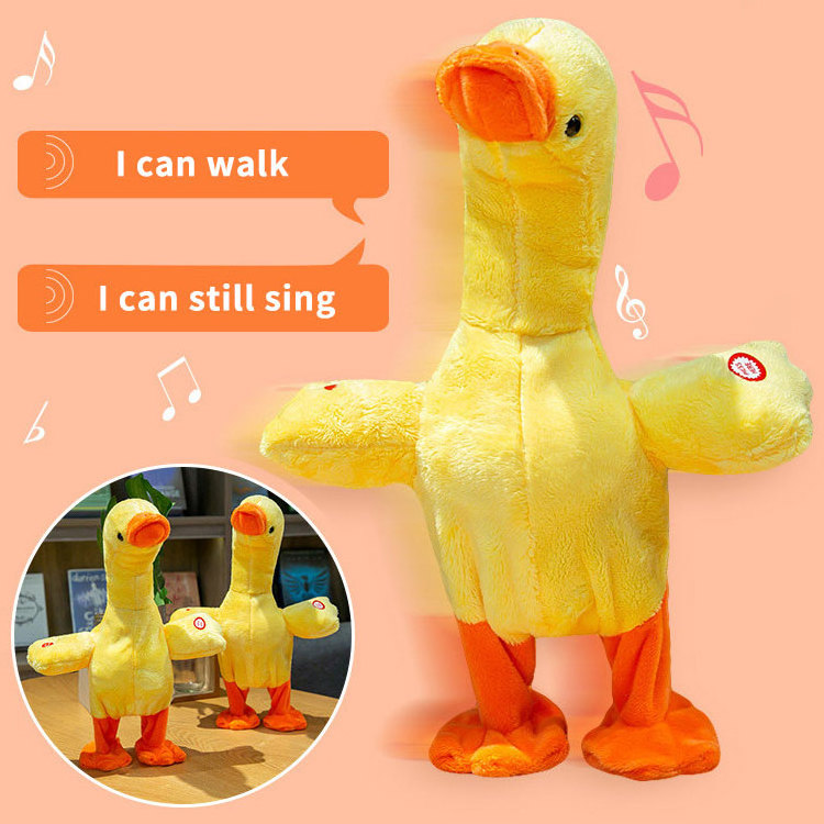 Hot selling neck lifting duck doll singing talking duck cute walking and repeating duck electronic plush toy