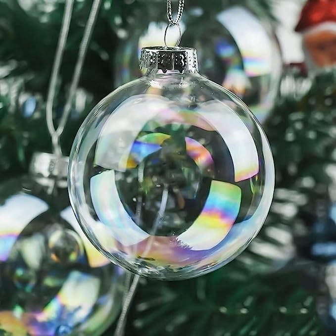 Round Rainbow Iridescent Clear Glass Ball Christmas Ornaments Christmas Tree Baubles Glass Fillable Ball for Christmas Party Bir