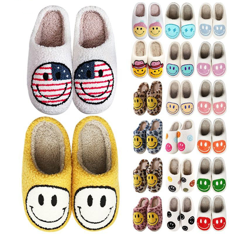 Wholesale Leopard Heart Pumpkin Smile Face Ladies Winter Happy Face Slippers Furry Home House Indoor Smile Slippers