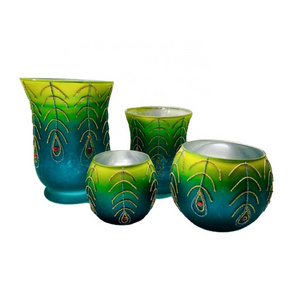 New arrival  glass tea light holder  with peacock tail design pattern on glass jar