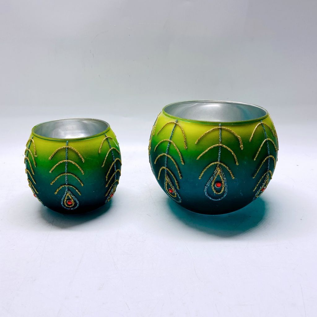 New arrival  glass tea light holder  with peacock tail design pattern on glass jar