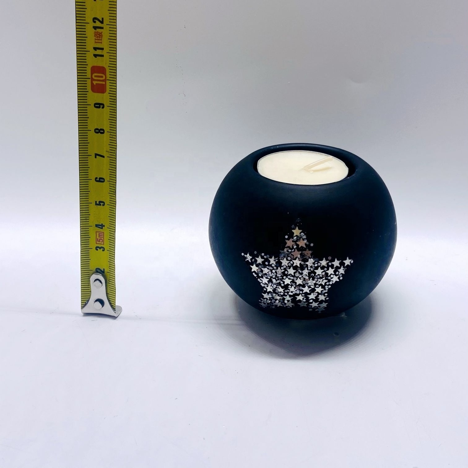 2024 Wholesale black  glass tealight candle holder glass votive candle holder with glittering silver star