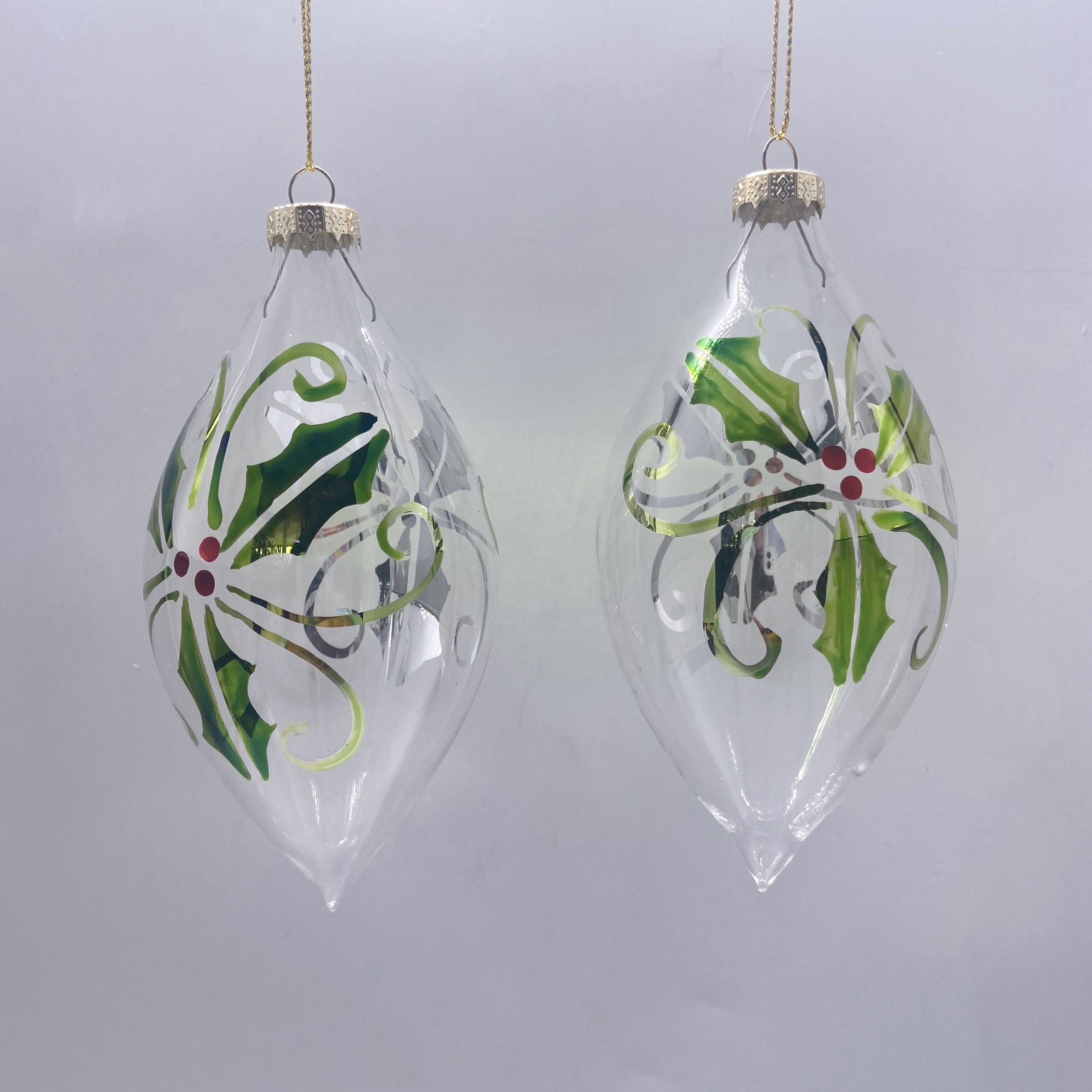 Hot sales classical  Glass drop Ornaments with  leaf decal design for Christmas Tree hanging