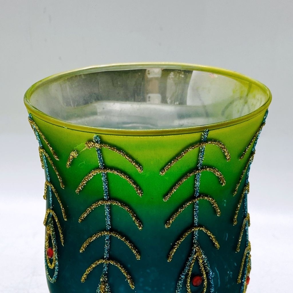 New arrival  glass tea light holder  with peacock tail design pattern on glass jar