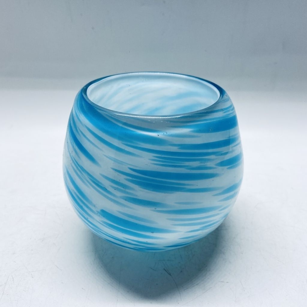 Blue drum Glass Votive cup in cloudy decorated  design for  glass Tea Light Holders