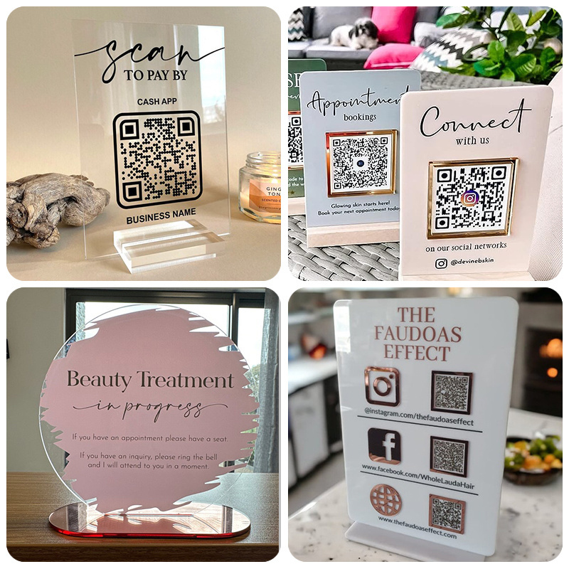 Personalized Qr Code Sign Holder TableTop Menu Board For Shop Scan Pay Acrylic Social Media Icons