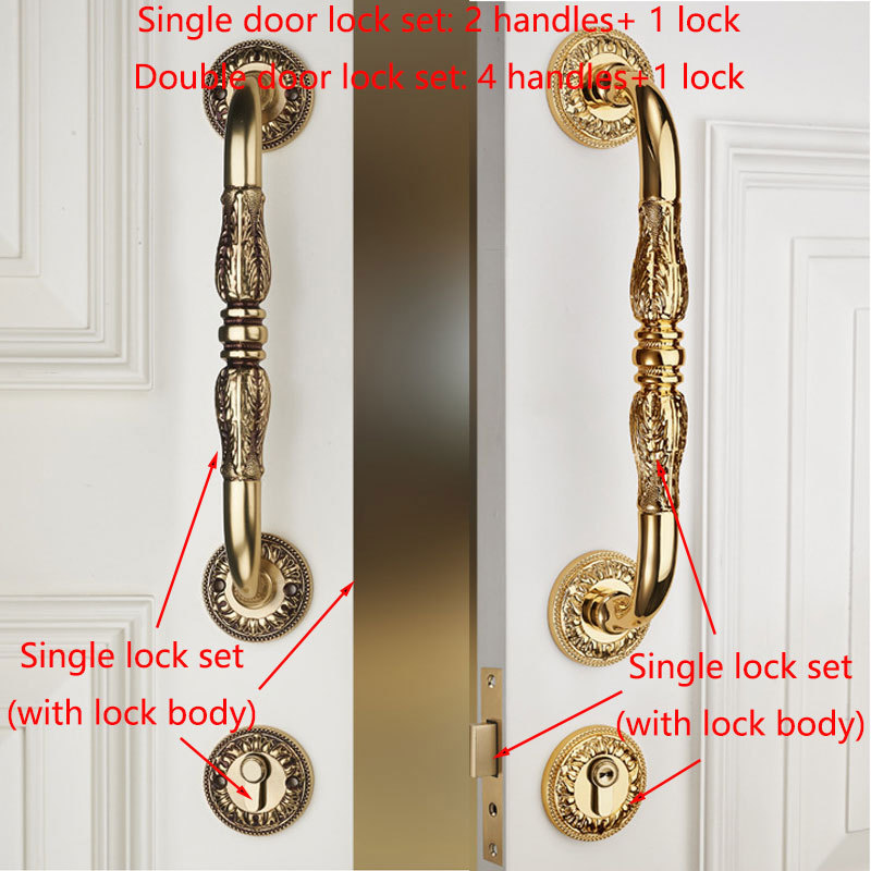 Pure copper European style double opening luxury door lock classic vintage Villa apartment front wooden door lock handle