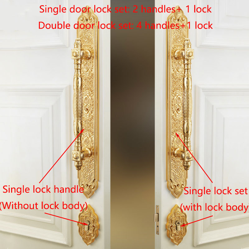 Luxury all copper 24K gold quiet villa main door lock long handle design residential entrance wooden door lock