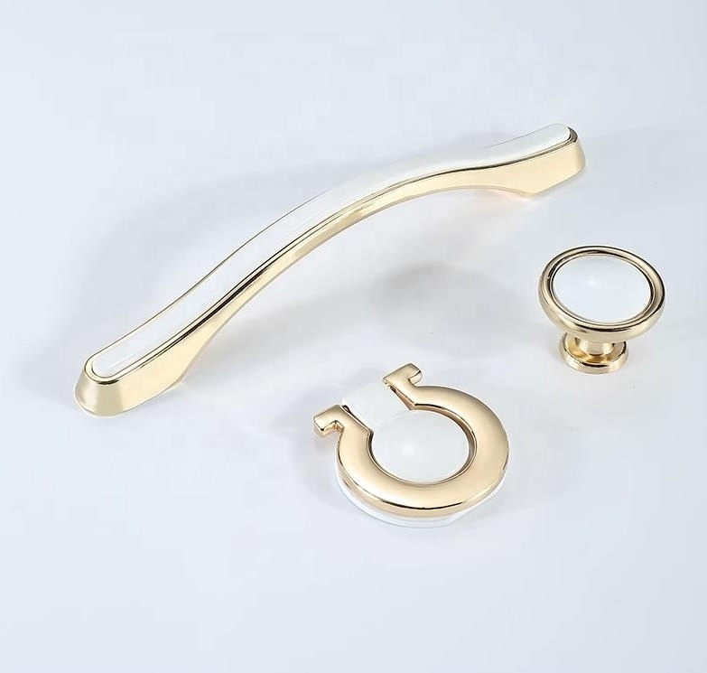 Gold white ceramic cabinet handles Zinc alloy drawers wardrobe door handles European kitchen hardware handles