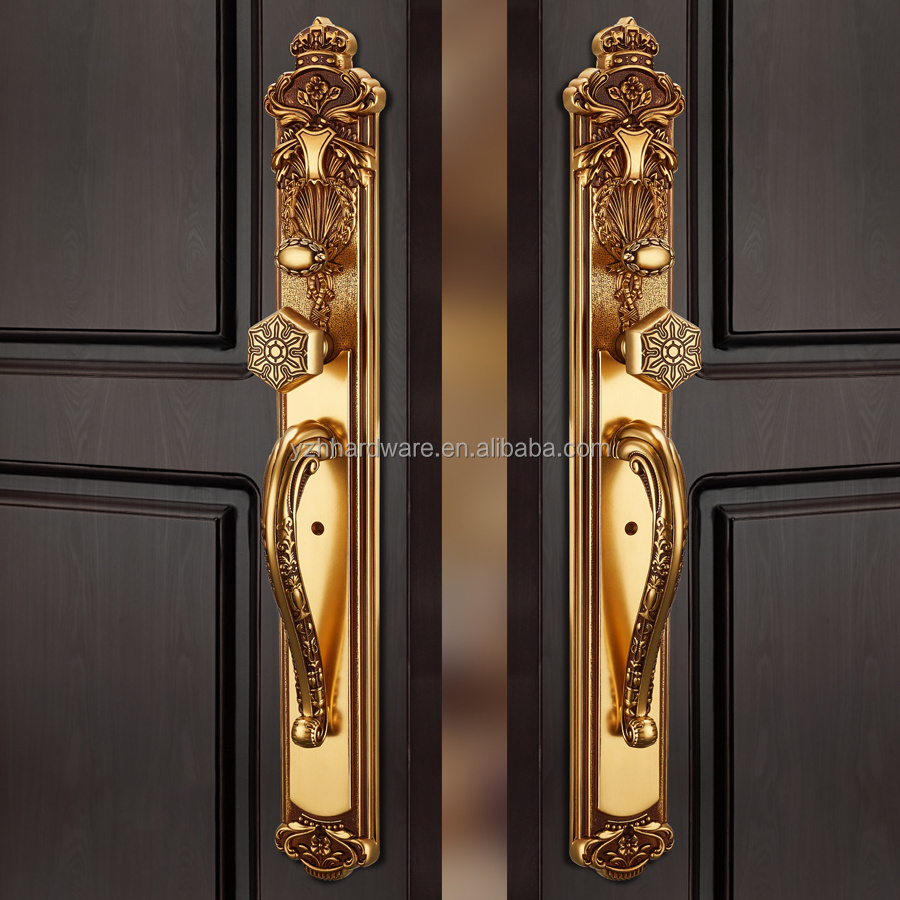 Hot selling 2K gold noble brass carved main door wooden door lock villa brass door handle lock set