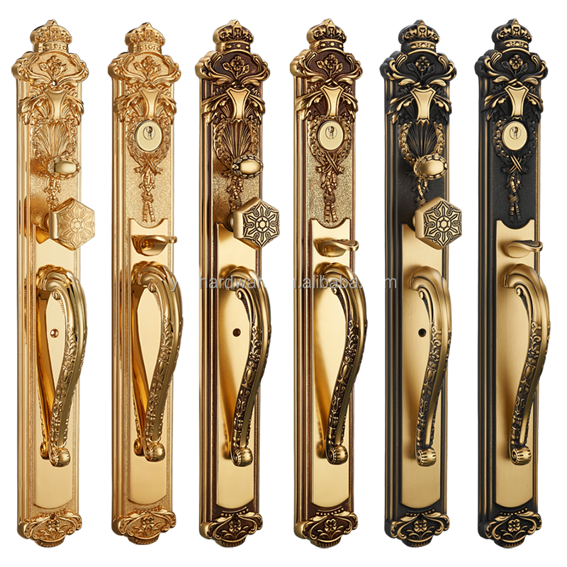 Hot selling 2K gold noble brass carved main door wooden door lock villa brass door handle lock set