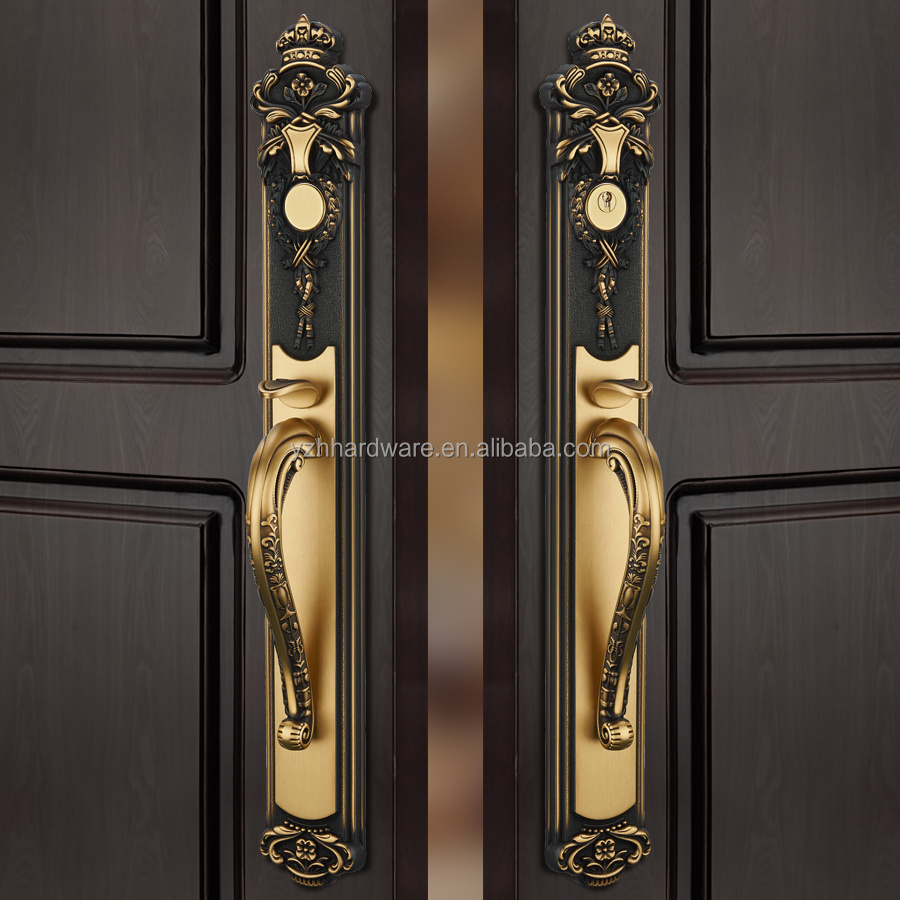 Hot selling 2K gold noble brass carved main door wooden door lock villa brass door handle lock set