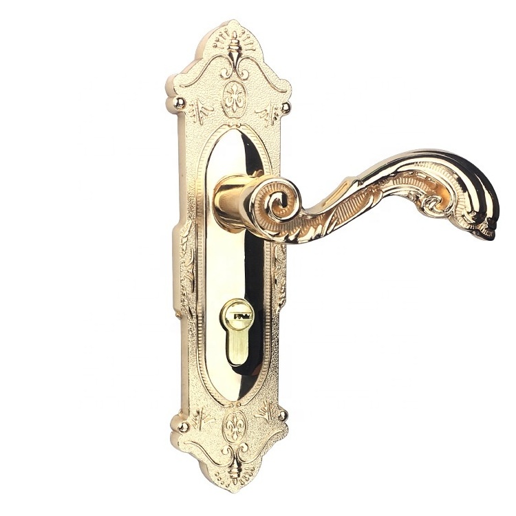 Luxury antique zinc alloy gold exquisitely carved door lock with solid gold-treated wooden door handles