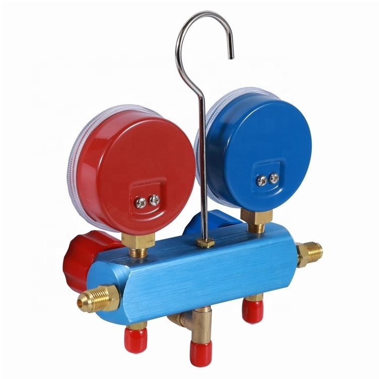 HF Refrigeration Refrigerant Double Manifold Gauge R410 R410a R32 R22 R404 R407 Red and Blue Steel Brass Plated Steel or Brass