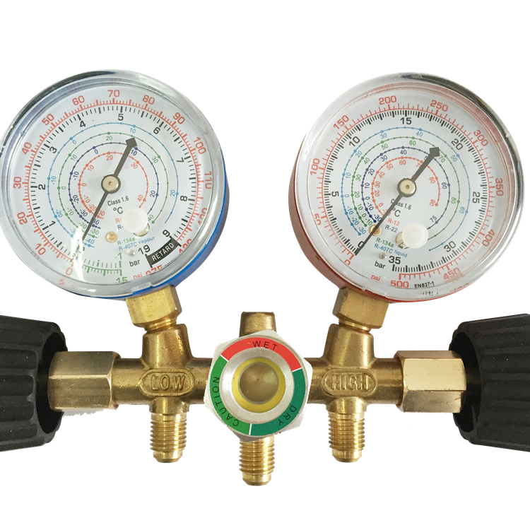 HF Refrigeration Refrigerant Double Manifold Gauge R410 R410a R32 R22 R404 R407 Red and Blue Steel Brass Plated Steel or Brass