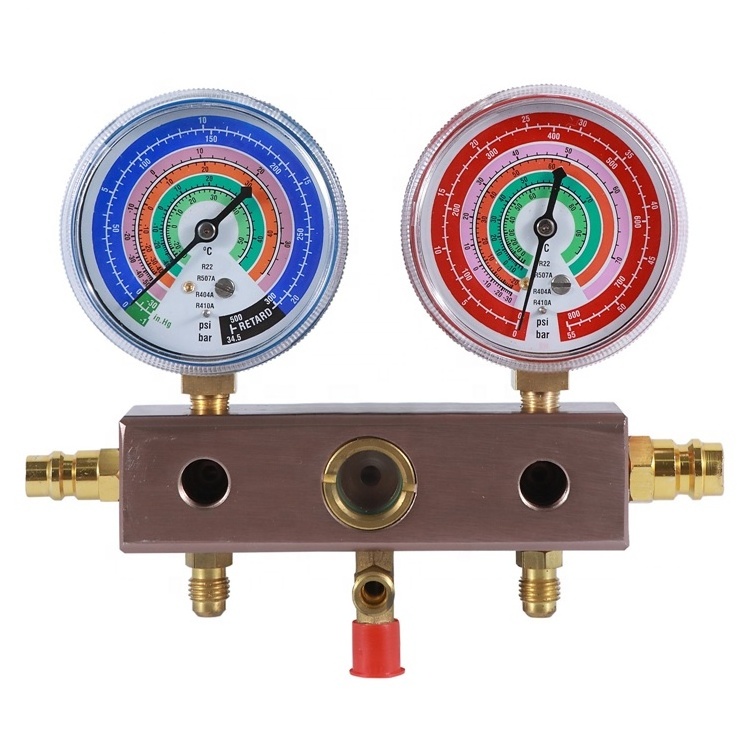 HF Refrigeration Refrigerant Double Manifold Gauge R410 R410a R32 R22 R404 R407 Red and Blue Steel Brass Plated Steel or Brass