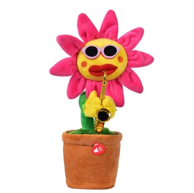 Funny Custom Creative Saxophone Sun Flower Electric Talking Musical Plush Dancing Flower Toys with 60 Different Musics