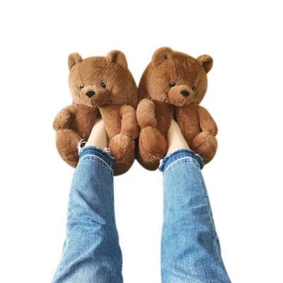 Home Indoor Soft Anti-Slip Cute Winter Warm Floor Shoes Slippers Cartoon Teddy Bear Slippers for Women Girls Wholesale